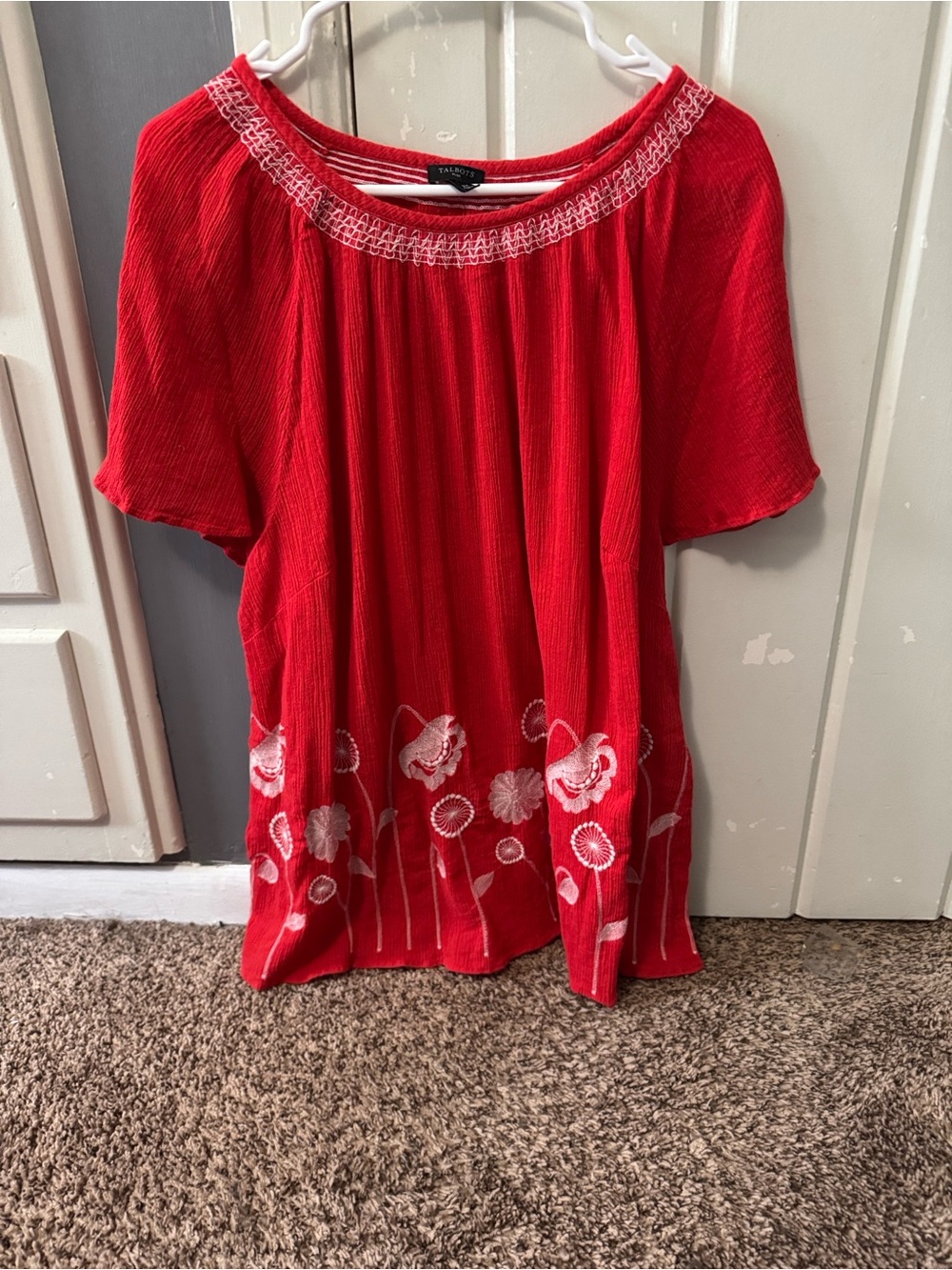 Talbots Red Short-Sleeve Embroidered Peasant Tunic